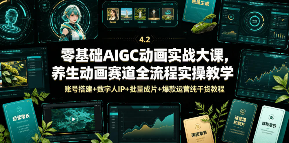 零基础AIGC动画实战大课，养生动画赛道全流程实操教学，账号搭建+数字人IP+批量成片+爆款运营纯干货教程-猴哥资源站