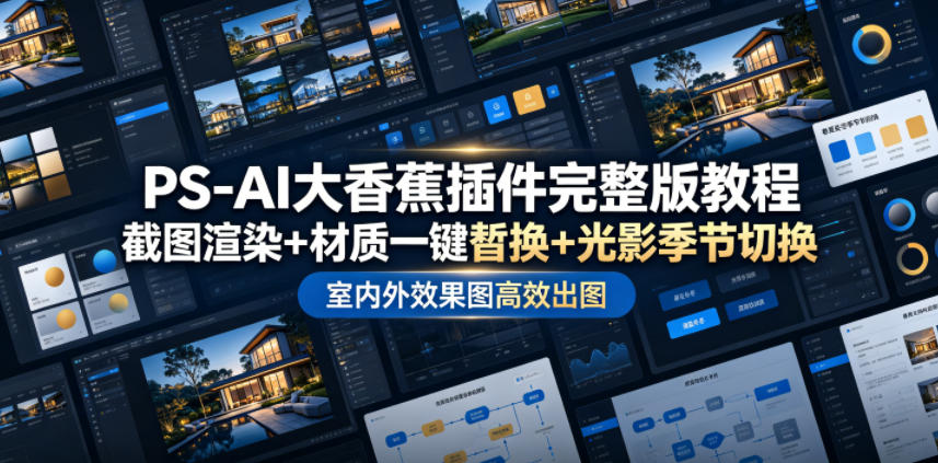 PS-AI大香蕉插件完整版教程，截图渲染+材质一键替换+光影季节切换，室内外效果图高效出图高阶课程-猴哥资源站