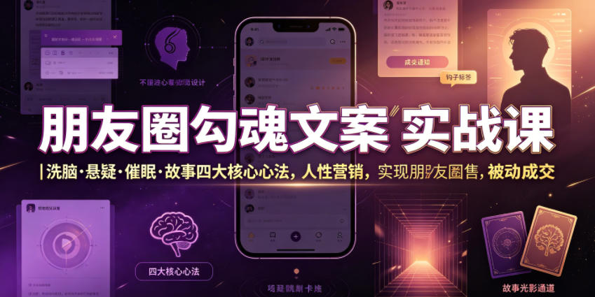 朋友圈勾魂文案实战课｜洗脑·悬疑·催眠·故事四大核心心法，吃透人性营销，实现朋友圈不销而售被动成交-猴哥资源站