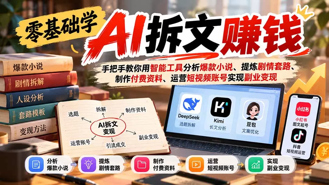 《AI拆文变现全攻略:零基础10天掌握爆款拆解,轻资产副业稳定出单》-猴哥资源站
