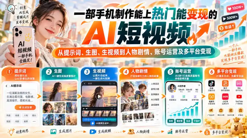 《手机AI短视频全链路实操,零基础也能出片变现》-猴哥资源站