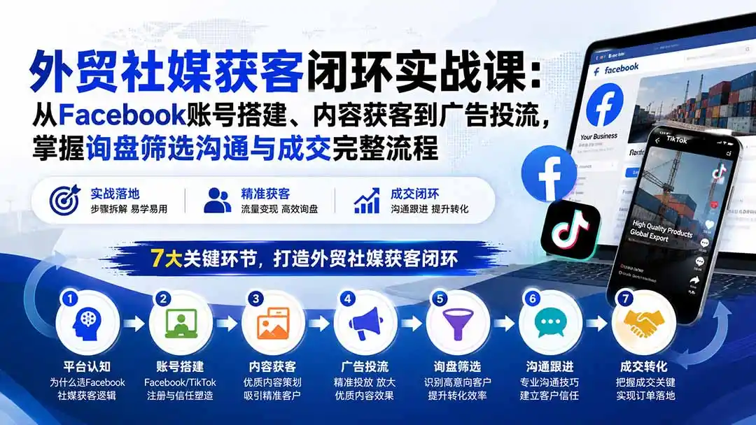 《外贸社媒获客闭环实战课:从账号搭建到询盘成交,零基础跑通客户开发全流程》-猴哥资源站