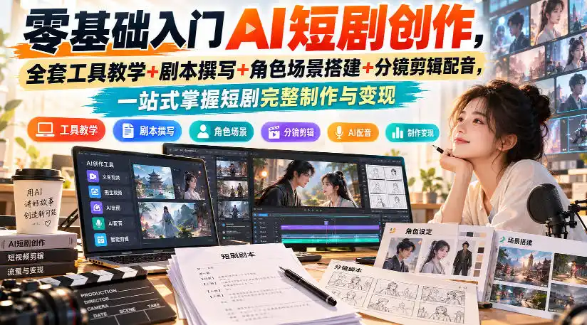 《零基础AI短剧全流程实战,不拍摄不剪辑也能批量出片变现》-猴哥资源站