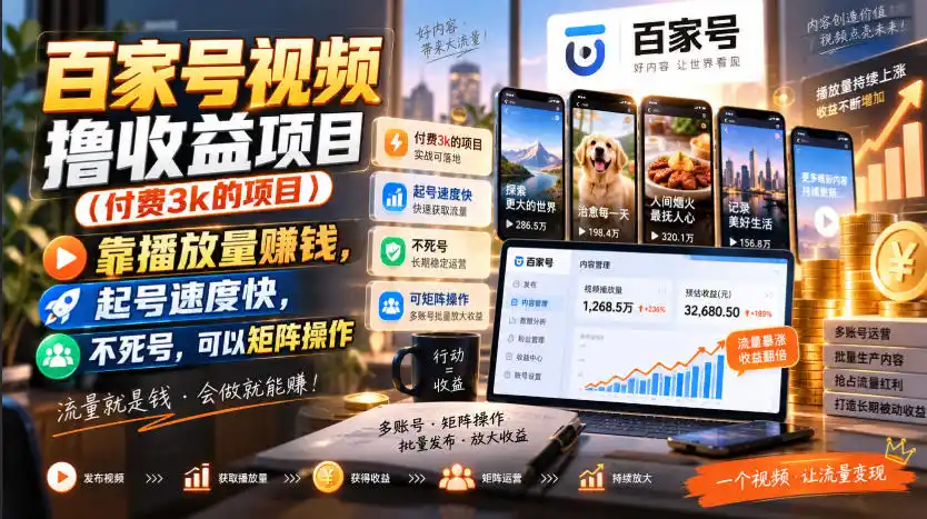 《百家号视频撸收益,零基础批量起号,单号日入200+矩阵放大》-猴哥资源站