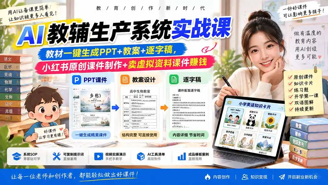 《AI教辅生产系统:教材秒变课件教案,虚拟资料变现全攻略》-猴哥资源站
