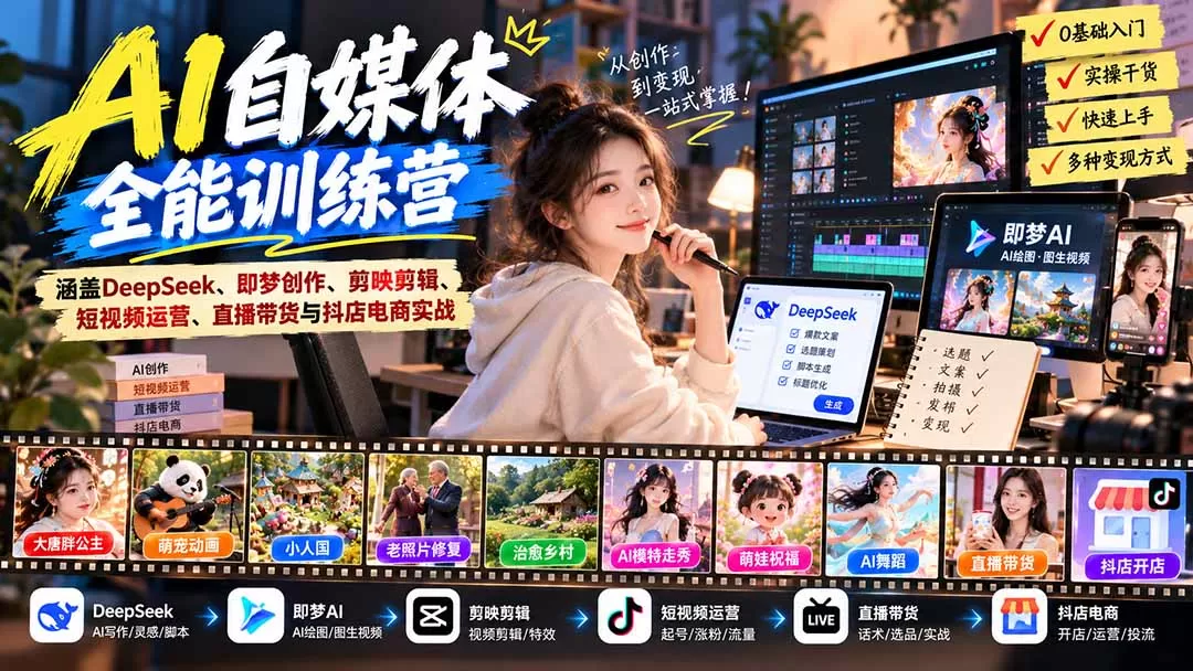 《AI+自媒体全链路实战:30种爆款玩法+直播带货变现攻略》-猴哥资源站