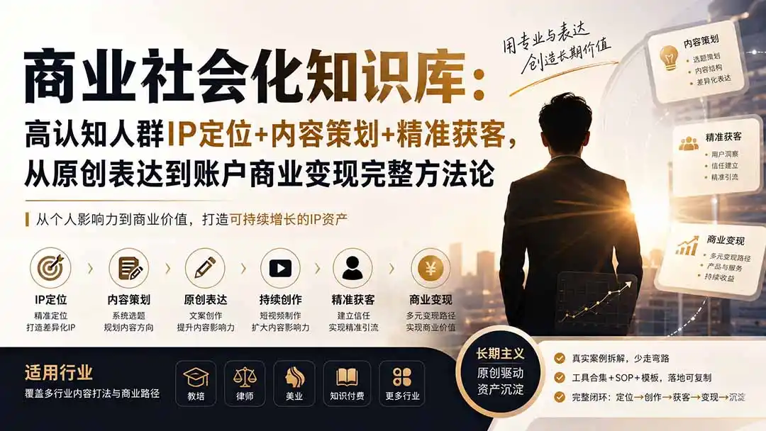 商业社会化知识库:高认知人群IP定位+内容策划+精准获客,从原创表达到账户商业变现完整方法论-猴哥资源站