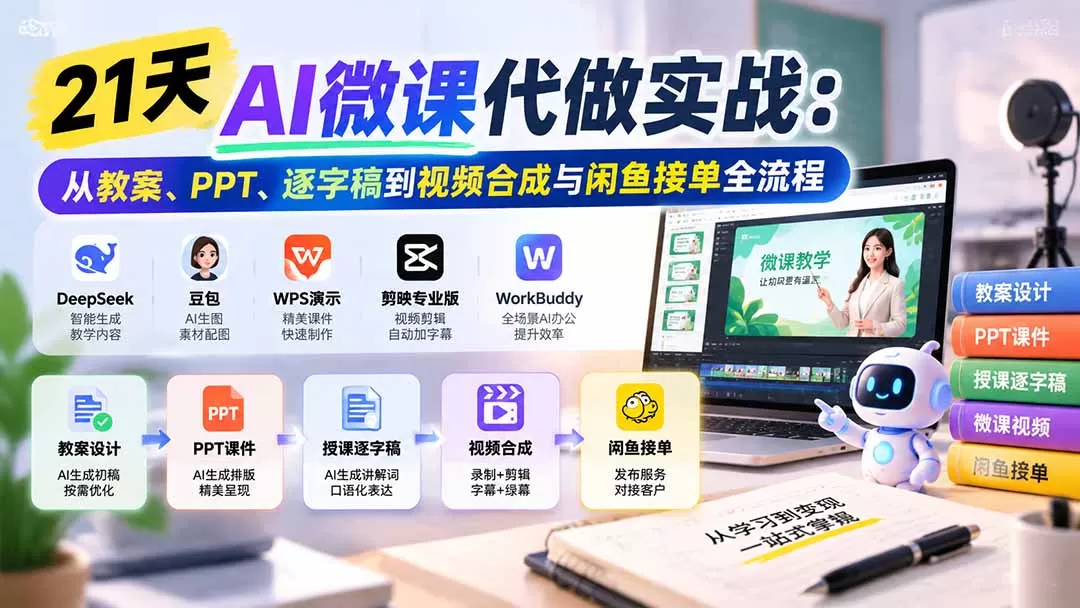 《AI微课制作全栈实操:零基础接单教案课件视频,单月多赚6000+》-猴哥资源站