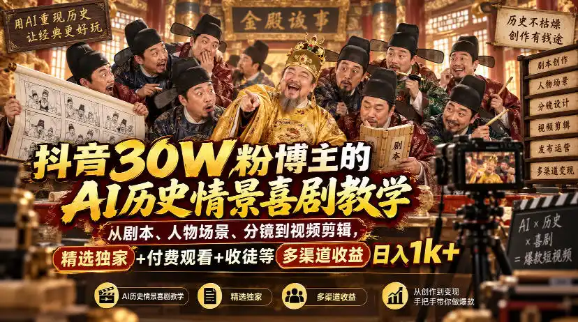 《AI历史情景喜剧全链路攻略,日入1k+收徒多渠道变现》-猴哥资源站
