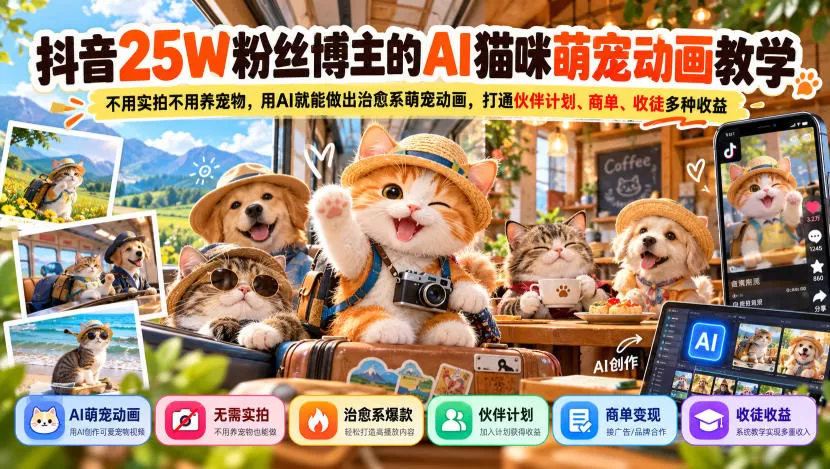 《AI猫咪萌宠动画实战:零实拍零养宠,打通分成商单收徒多收益》-猴哥资源站