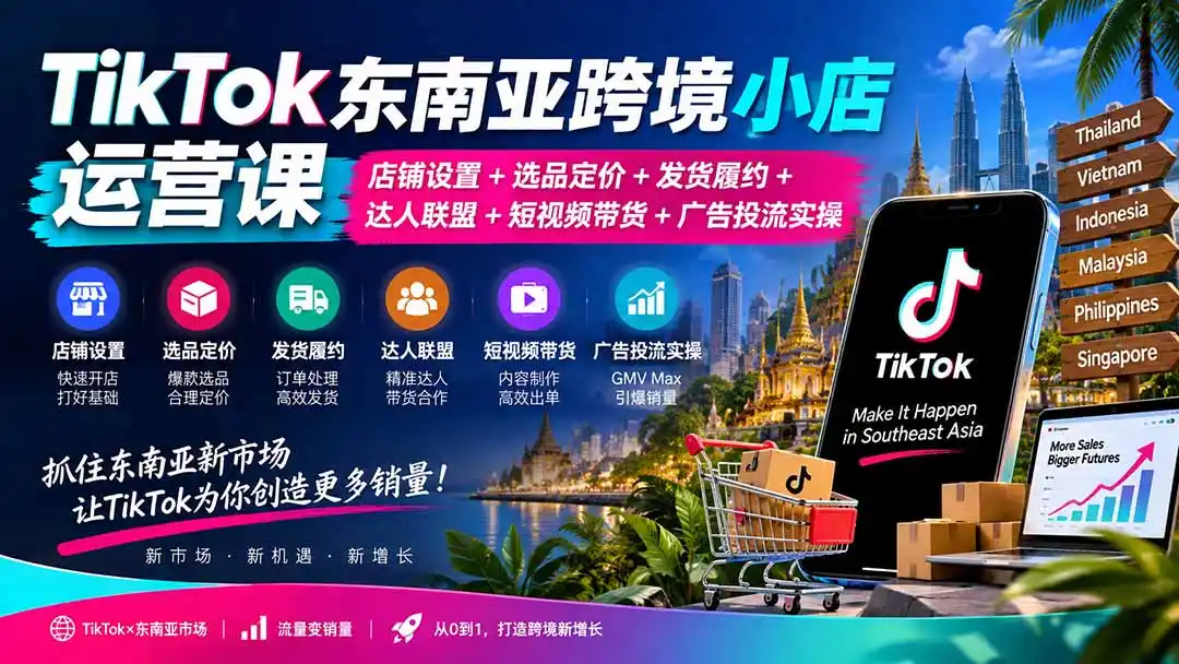 《东南亚TK小店全链路实战:选品定价到达人投流一站式打通》-猴哥资源站