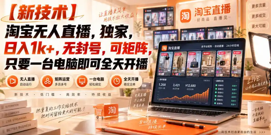 《淘宝无人直播蓝海掘金,一台电脑全天开播日入过千》-猴哥资源站