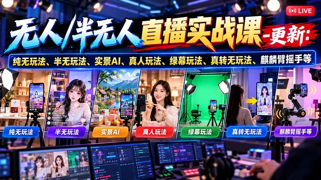 《半无人直播实战体系:AI实景+绿幕多玩法矩阵,小白也能轻松起号变现》-猴哥资源站