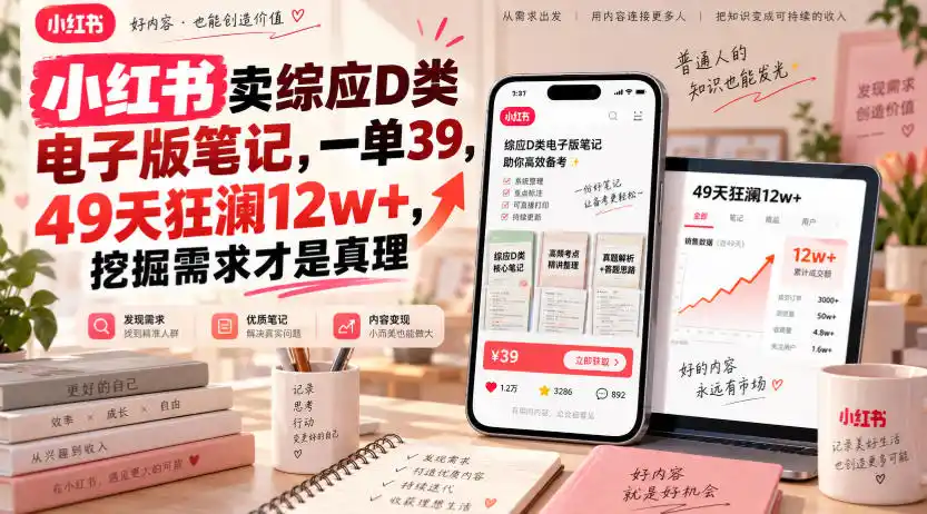 《小红书卖综应D类笔记,一单39元,49天狂揽12w+的轻资产玩法》-猴哥资源站