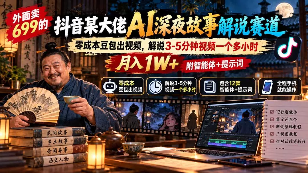 《AI深夜故事解说,豆包零成本出片,手机党月入1-3W实战》-猴哥资源站