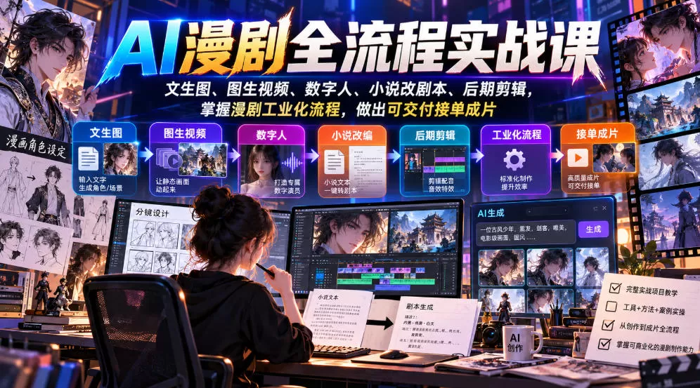 《AI漫剧全流程实战:从文生图到成片交付,零基础接单变现》-猴哥资源站