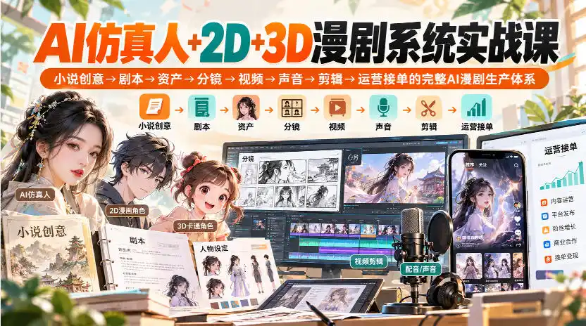 《AI仿真人+2D+3D漫剧全流程实战,小说到成片一人搞定》-猴哥资源站