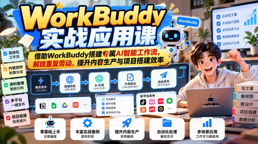 《WorkBuddy实战:搭AI自动化工作流,公众号+小程序双项目落地》-猴哥资源站