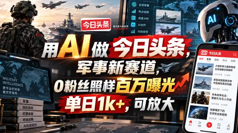 《AI玩转今日头条军事赛道,0粉丝单日1k+,批量放大实操攻略》-猴哥资源站