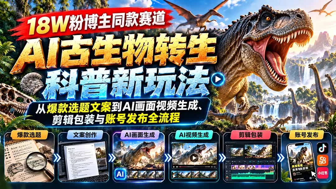 《AI古生物转生科普,零基础日更爆款短视频全攻略》-猴哥资源站