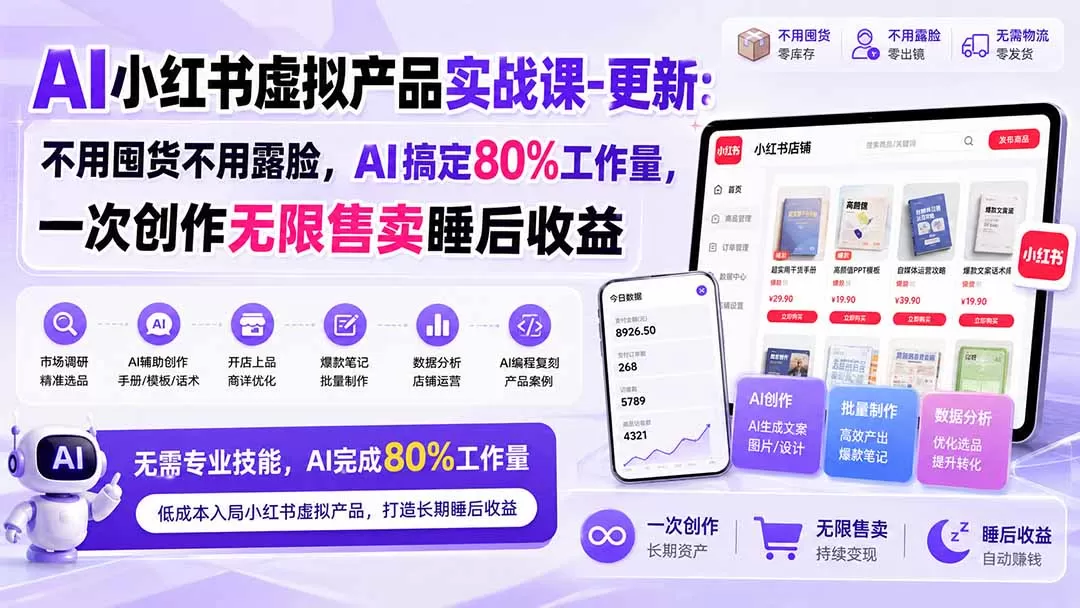 《AI小红书虚拟产品实战:一次创作无限售卖,零基础打造睡后收入》-猴哥资源站