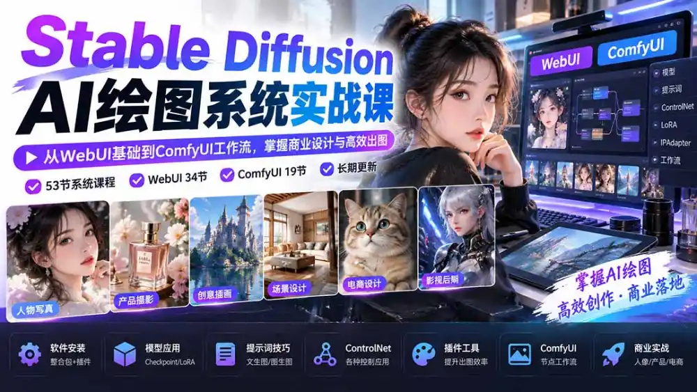 《53节AI绘图实战,WebUI+ComfyUI双系统商业出图全攻略》-猴哥资源站