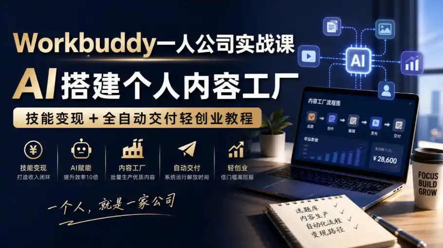 《一人公司AI实战:Workbuddy搭建内容工厂,技能变产品全自动交付》-猴哥资源站