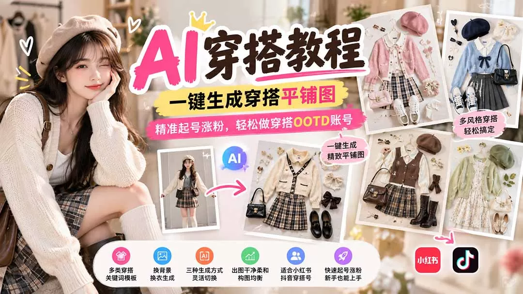 《AI一键生成平铺OOTD,零成本日更穿搭图文快速起号涨粉》-猴哥资源站