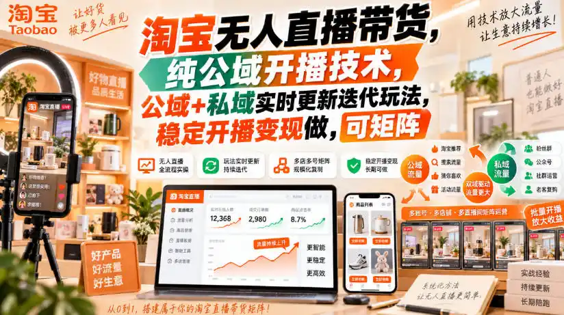 《淘宝无人直播带货,一台电脑搭建日不落直播间,纯公域稳定变现》-猴哥资源站