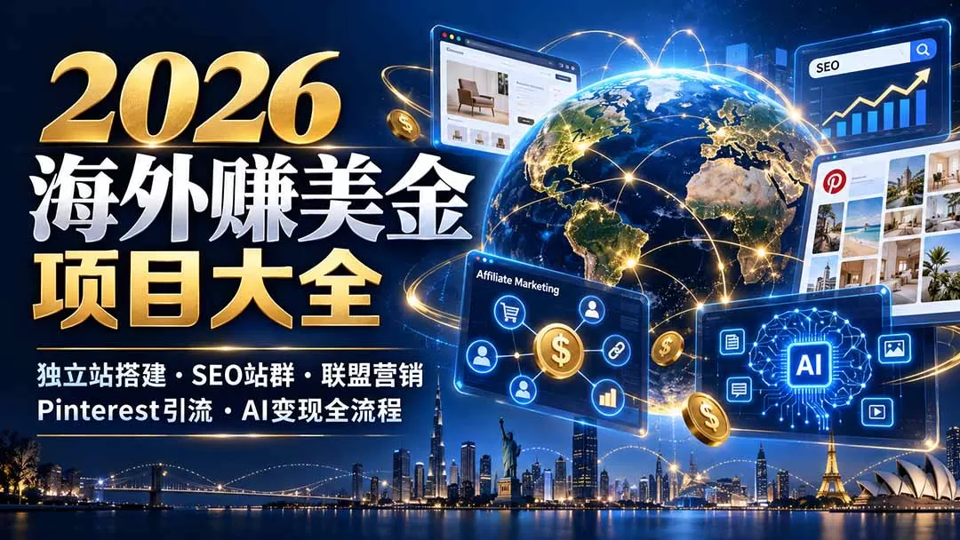 《2026海外赚美金项目大全:23套独立站+AI变现实战体系,零基础可复制》-猴哥资源站
