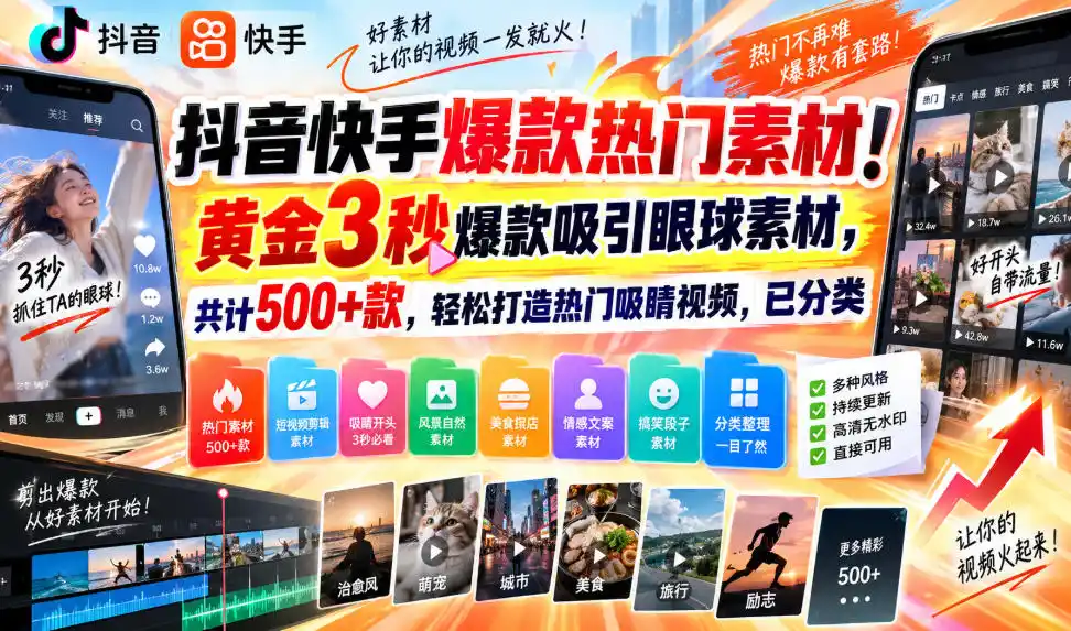 《抖音快手500+爆款素材库,黄金3秒开头直接套用,新手也能轻松上热门》-猴哥资源站