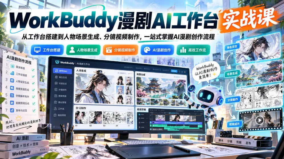 《WorkBuddy漫剧AI工作台全流程实操,零基础一站式打通AI漫剧创作》-猴哥资源站