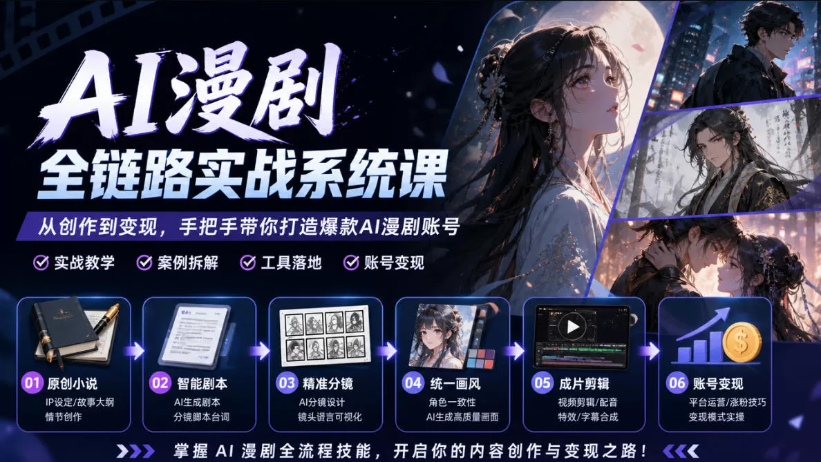 《AI漫剧全链路实战:零基础批量出片,统一画风稳定变现》-猴哥资源站