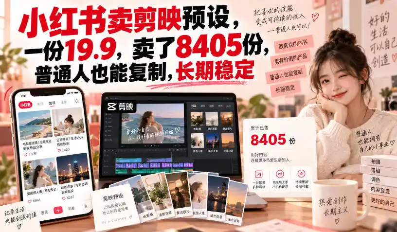 《小红书卖剪映预设,19.9元狂销8405份,零基础挂机变现》-猴哥资源站