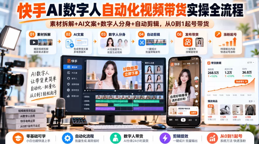 《快手AI数字人带货全流程:不出镜批量出片,从0到1起号实操》-猴哥资源站