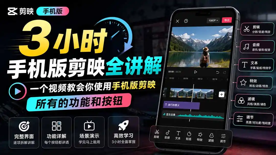3小时手机版剪映全讲解,一个视频教会你使用手机版剪映,所有的功能和按钮-猴哥资源站