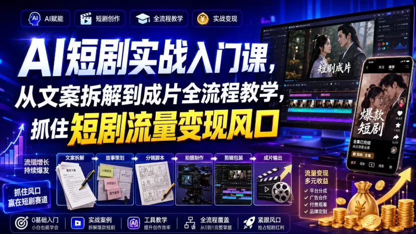 AI短剧实战入门课,从文案拆解到成片全流程教学,抓住短剧流量变现风口-猴哥资源站