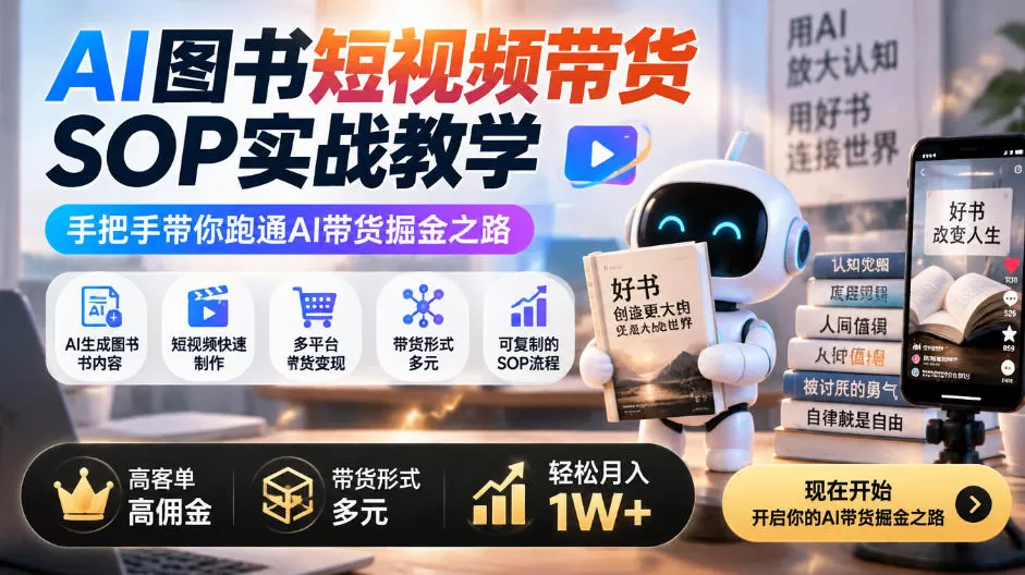 《AI图书短视频带货,零基础日更10条,佣金50%月入1W+》-猴哥资源站