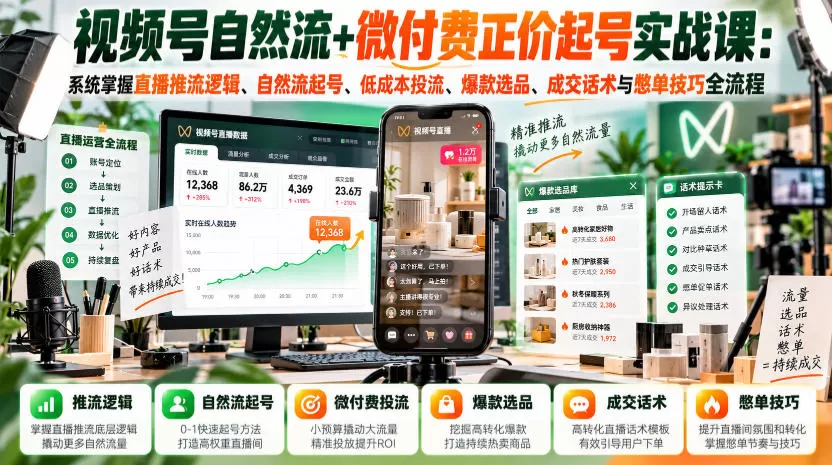 《视频号自然流+微付费起号,14节正价商品直播实战全拆解》-猴哥资源站