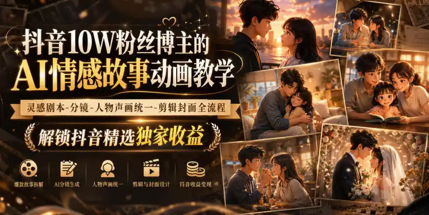 《AI情感故事动画全流程实操,解锁抖音精选独家收益》-猴哥资源站