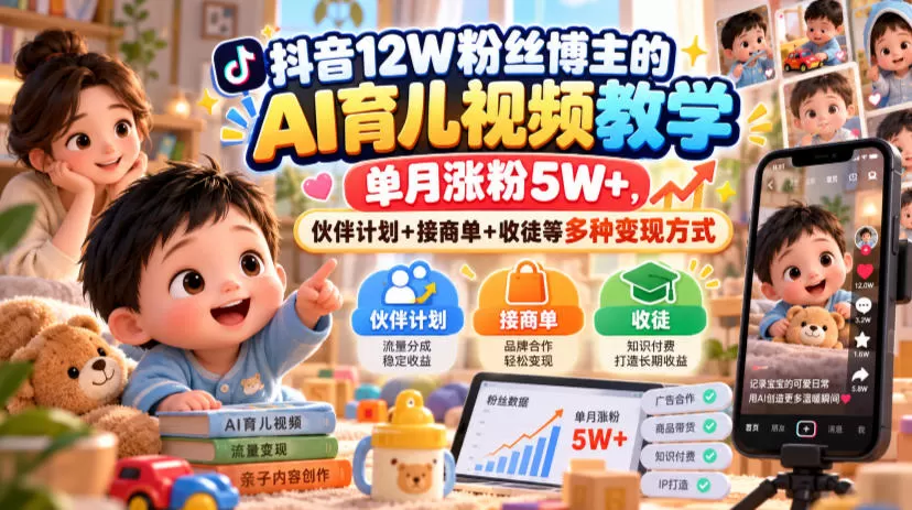 《AI育儿短视频实战:零出镜批量起号,伙伴计划+商单+收徒全打通》-猴哥资源站