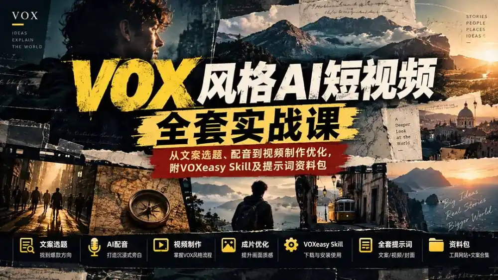 《VOX风格AI视频全流程实操,零基础也能批量产出爆款叙事短片》-猴哥资源站