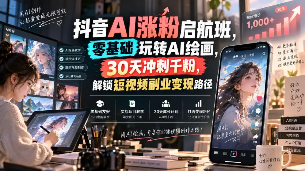 《抖音AI涨粉启航班:零基础玩转AI绘画,30天冲刺千粉变现》-猴哥资源站