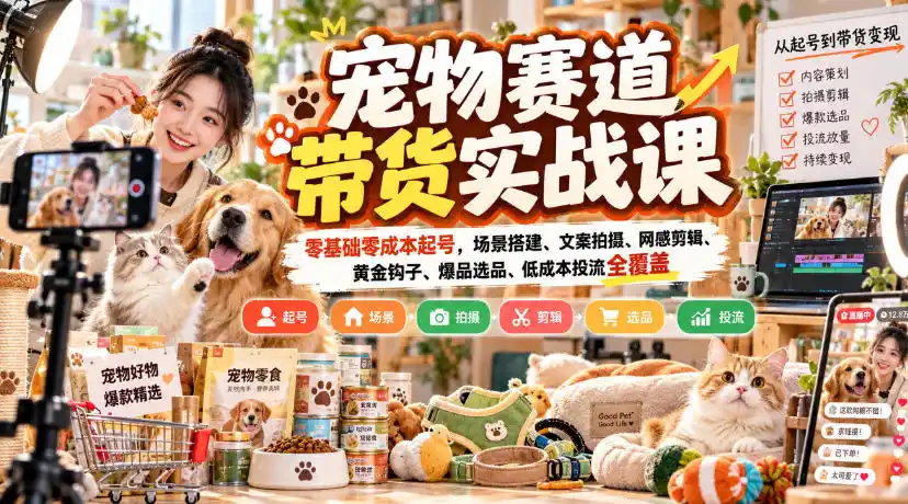 《零粉起号+黄金钩子,宠物带货全阶实战体系,新手也能稳定出单》-猴哥资源站