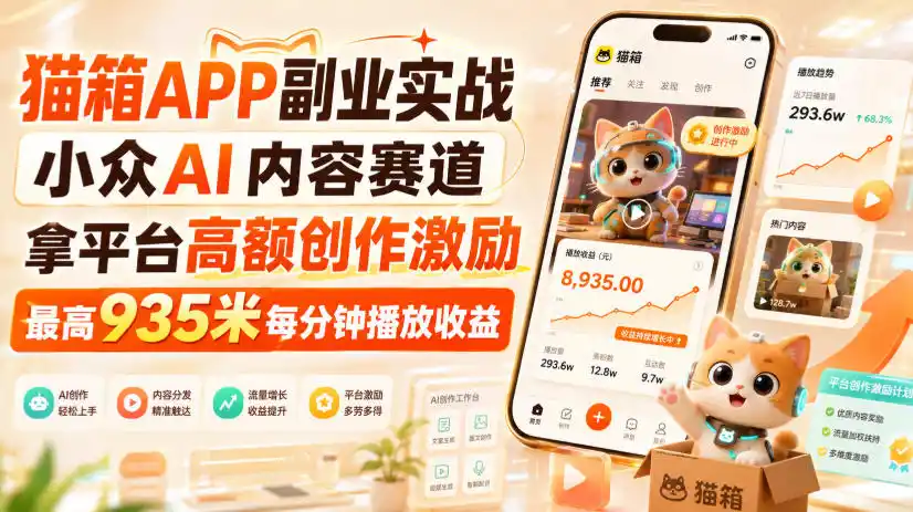 《猫箱APP冷门AI赛道,新手拿935元/分钟播放激励,稳定日入100+》-猴哥资源站