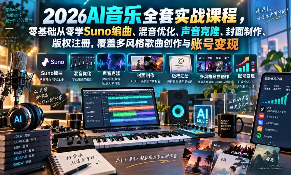 《零基础玩转AI音乐,从创作到版权发行全链路变现》-猴哥资源站