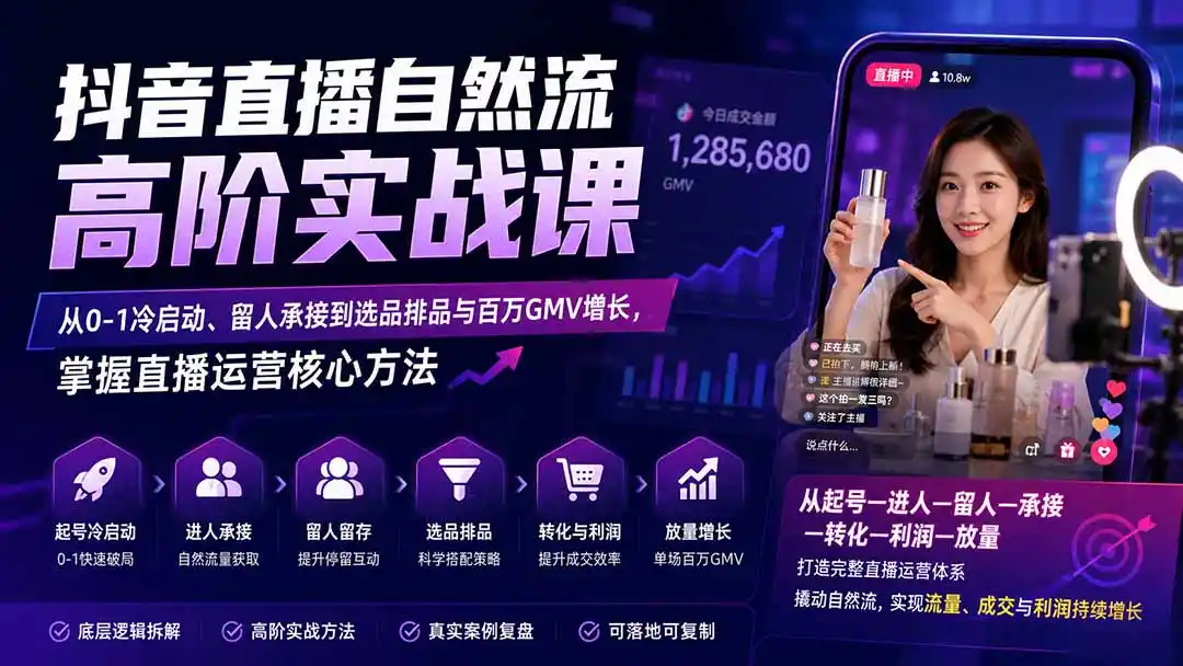 《抖音直播自然流撬动GMV全攻略,零基础起号到百万直播间实操拆解》-猴哥资源站