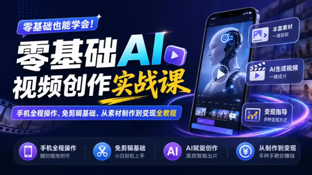 《手机AI视频全流程实操,零基础轻松做原创短视频变现》-猴哥资源站