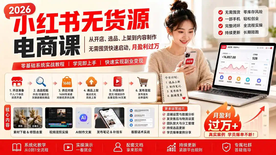《小红书无货源电商:不囤货零库存,全套实战体系稳定变现》-猴哥资源站