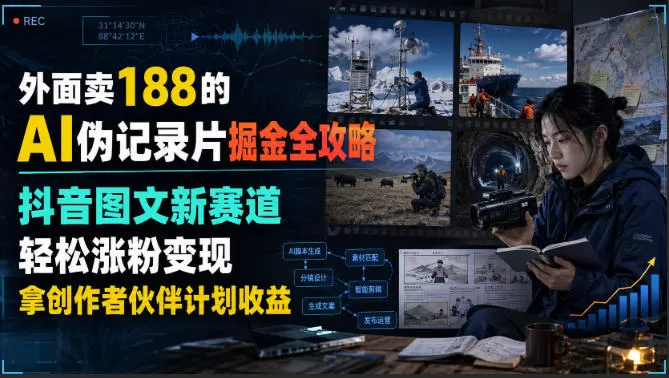 外面卖188的AI伪记录片掘金全攻略,抖音图文新赛道,轻松涨粉变现,拿创作者伙伴计划收益【文档】-猴哥资源站